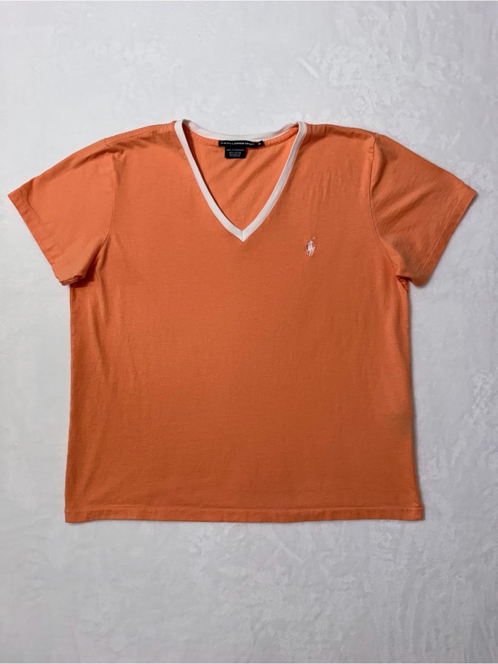 Ralph Lauren Sport XL Orange V-Neck T-Shirt White Trim Pony Logo